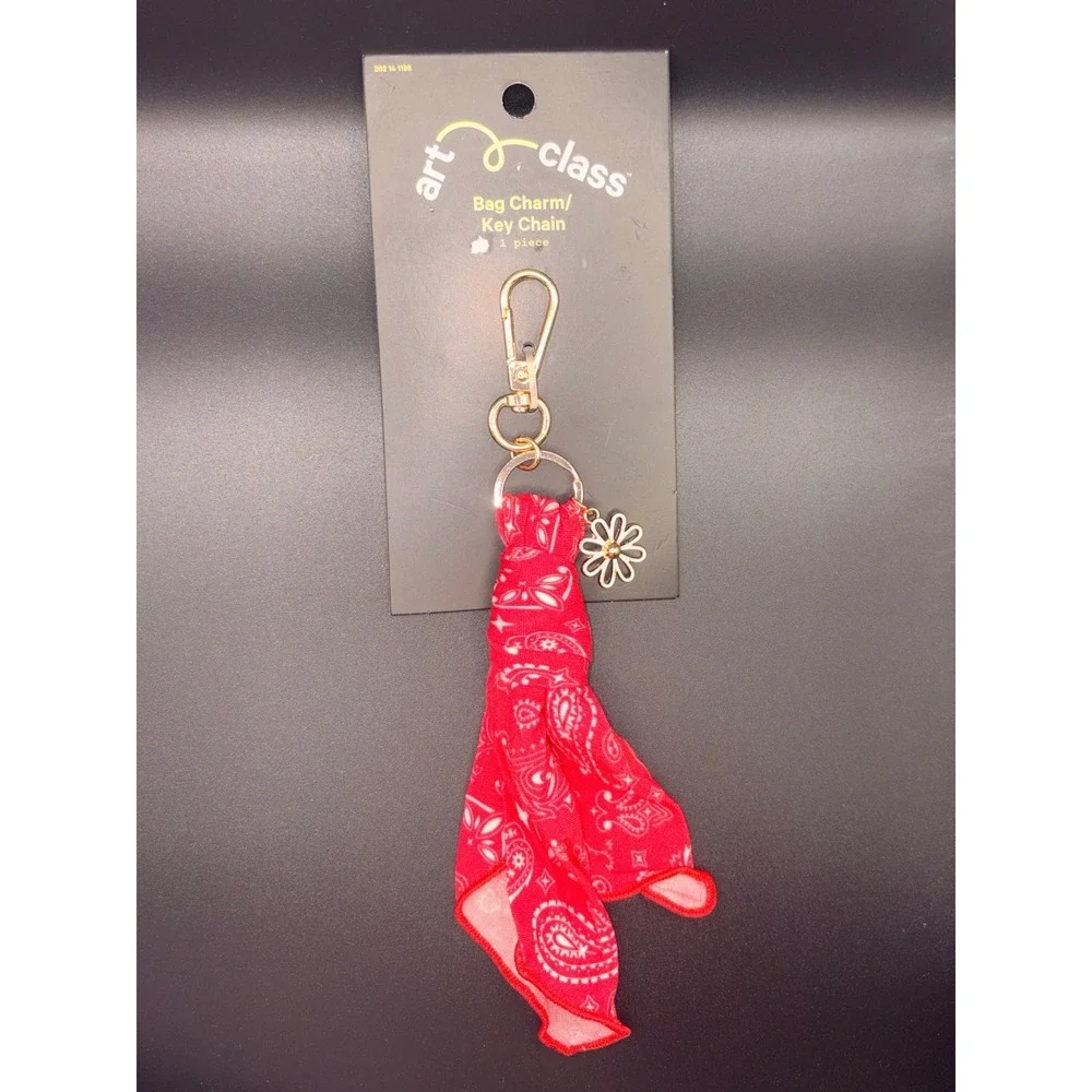 Art Class Red Bandana Paisley Bag Charm Key Chain Gold Tone Daisy Flower NWT